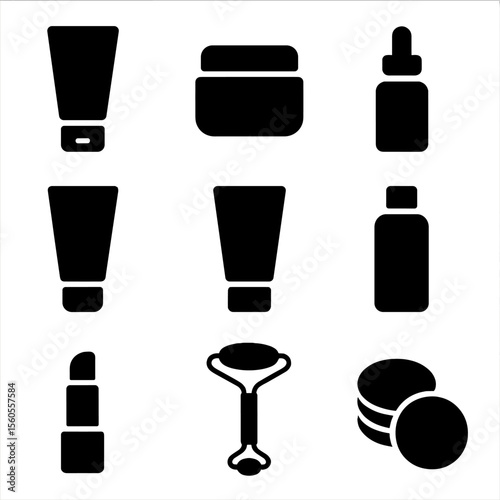 Facial Care Icons Grid. Solid, filled icon set of facial care products: cleanser, moisturizer, serum, eye cream, exfoliator, toner