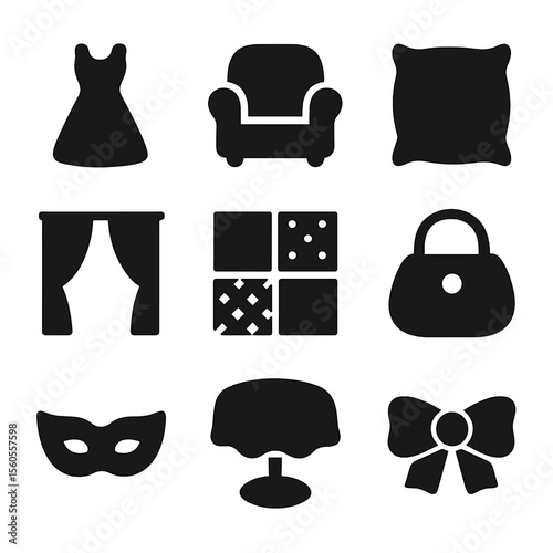 Fabric Icon Set. Solid, filled icon set of colorful fabric applications: dress silhouette, upholstery chair, cushion, curtain,