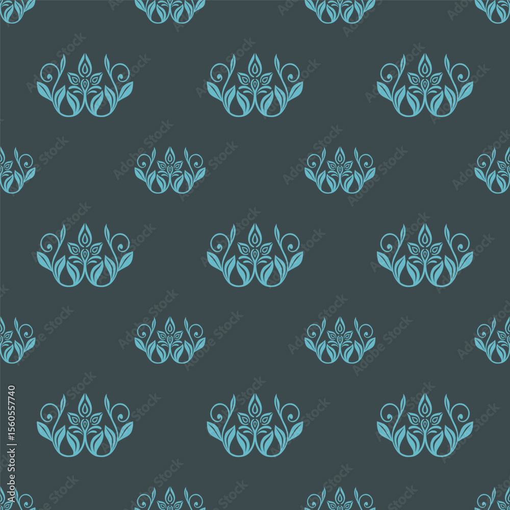 Seamless vector floral pattern with elegant blue ornamental motifs in Art Nouveau style on a dark background. Stylized flowers and curls. Ideal for textiles, wallpapers and wrapping paper. EPS 10