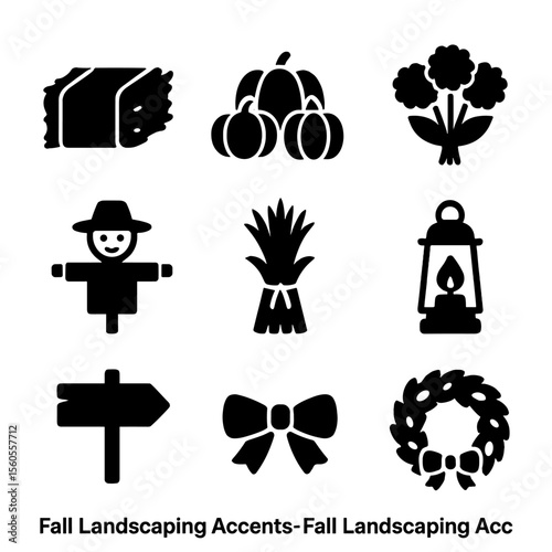 Fall Icon Grid. Solid, Filled icon set of fall landscaping accents: hay bale, pumpkin cluster, mums bouquet, scarecrow, cornstalk