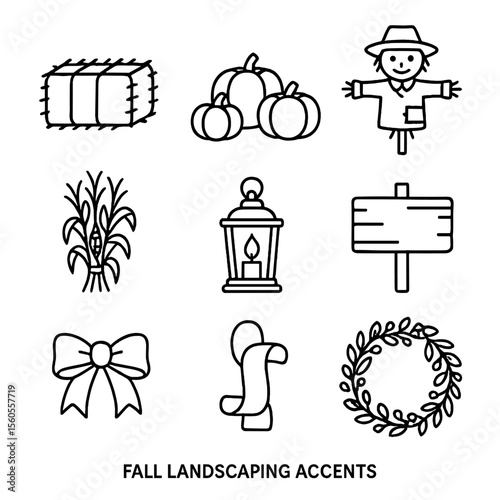 Fall Landscaping Icons. Outline icon set of fall landscaping accents: hay bale, pumpkin cluster, mums bouquet, scarecrow,
