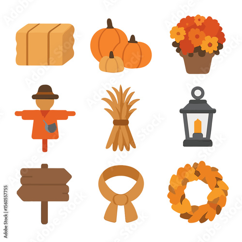 Fall Landscaping Icons. Flat icon set of fall landscaping accents: hay bale, pumpkin cluster, mums bouquet, scarecrow, cornstalk
