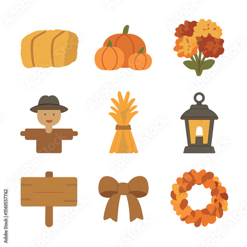 Fall Landscaping Icons. Flat icon set of fall landscaping accents: hay bale, pumpkin cluster, mums bouquet, scarecrow, cornstalk