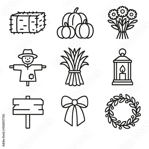 Fall Landscaping Icons. Outline icon set of fall landscaping accents: hay bale, pumpkin cluster, mums bouquet, scarecrow,