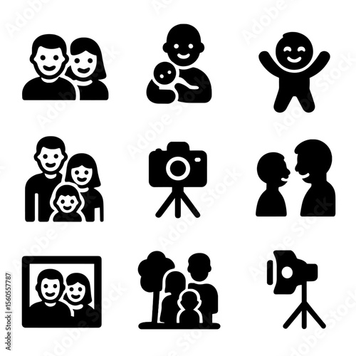 Family Photo Icon Set. Solid, filled icon set of family photoshoots with young children: smiling parents, baby in arms, toddler