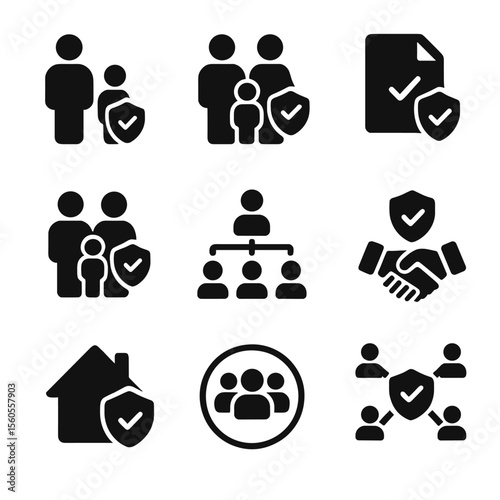 Family Insurance Icons. Solid, filled icon set of family and group insurance: parent-child icon, family group, joint policy file,