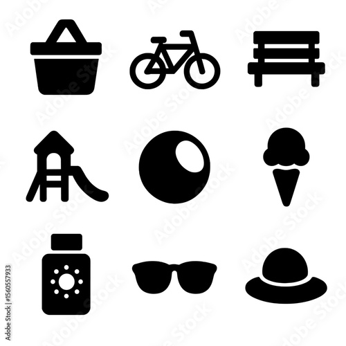 Family Outing Icons. Solid, filled icon set of family outings: picnic basket, bicycle, park bench, playground slide, ball, ice