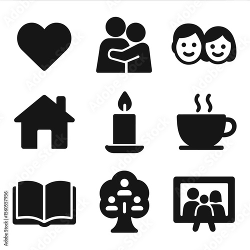Family Storytelling Icons. Solid, filled icon set of family storytelling moments: heart, hug, smiling faces, warm home, candle,