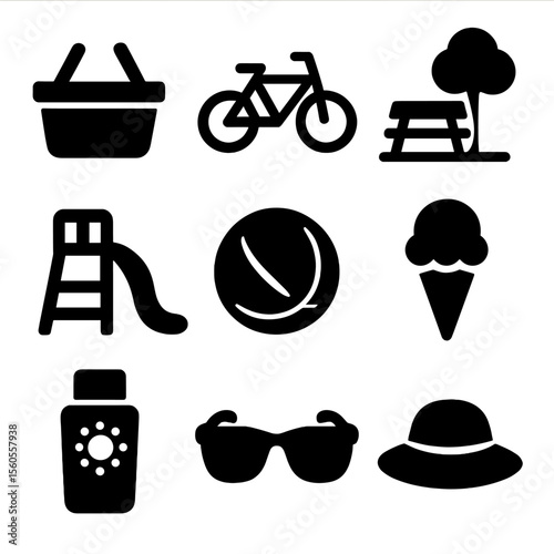 Family Outing Icons. Solid, filled icon set of family outings: picnic basket, bicycle, park bench, playground slide, ball, ice