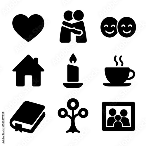 Family Storytelling Icons. Solid, filled icon set of family storytelling moments: heart, hug, smiling faces, warm home, candle,