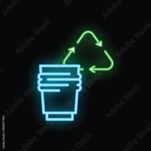 Neon recycle symbol turning into a reusable coffee cup promoting eco friendly habits