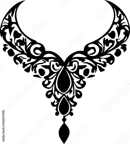 Ornamental Necklace Vector Art, Floral Jewelry Silhouette Design, Decorative Lace Necklace Vector, Elegant Ornate Collar Design, Vintage Floral Necklace Vector, Intricate Pendant Frame Art, Antique La
