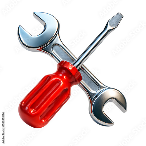 A red screwdriver and silver wrench isolated on transparent background