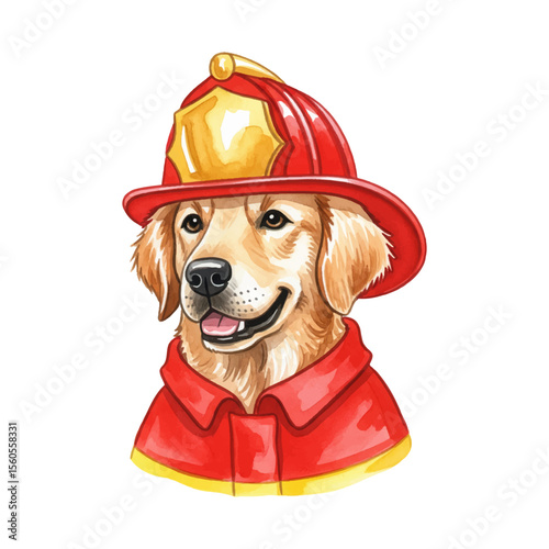 Golden Retriever dog in red firefighter's helmet and uniform with a gold emblem vector illustration. The dog has friendly expression, with its mouth slightly open. Firefighter Golden Retriever dog