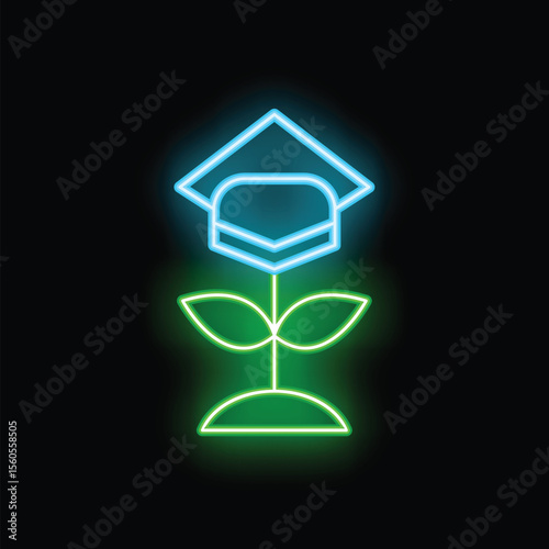Neon sign showing a graduation hat replacing the flower of a growing plant