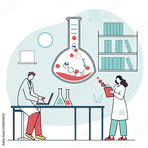 Illustration of two scientists in a lab with beakers laptop and molecule models with a bookshelf background