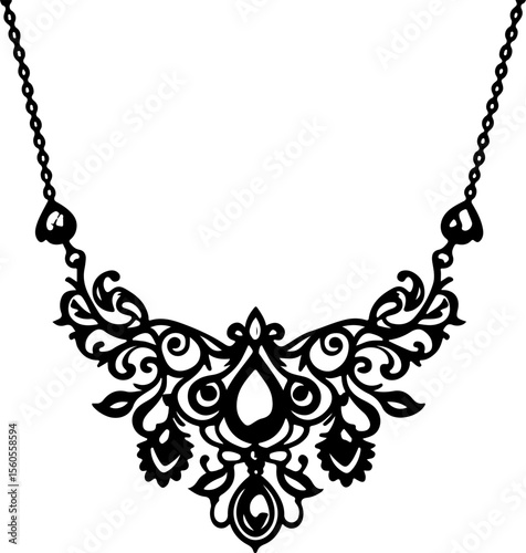 Ornamental Necklace Vector Art, Floral Jewelry Silhouette Design, Decorative Lace Necklace Vector, Elegant Ornate Collar Design, Vintage Floral Necklace Vector, Intricate Pendant Frame Art, Antique La