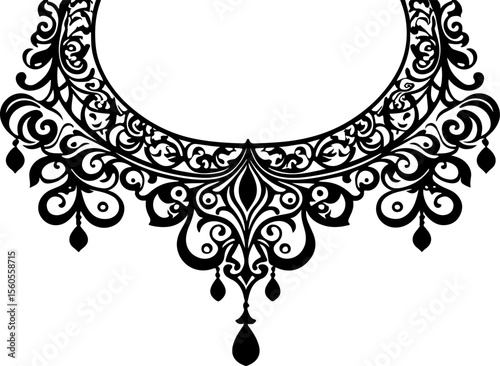 Ornamental Necklace Vector Art, Floral Jewelry Silhouette Design, Decorative Lace Necklace Vector, Elegant Ornate Collar Design, Vintage Floral Necklace Vector, Intricate Pendant Frame Art, Antique La