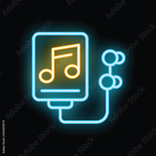 Neon music player icon connecting with wireless earphones glowing on black background