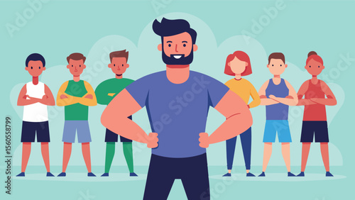 A man confidently joining a group fitness class no longer afraid of being judged by others.. Vector illustration