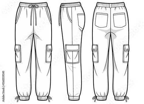 Technical Flat Sketch of Cargo Jogger Pants with Pockets and Shading, Front Side Back View for Fashion Design and Apparel Template