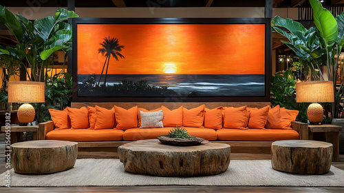 Sunset artwork above orange couch in tropical interior