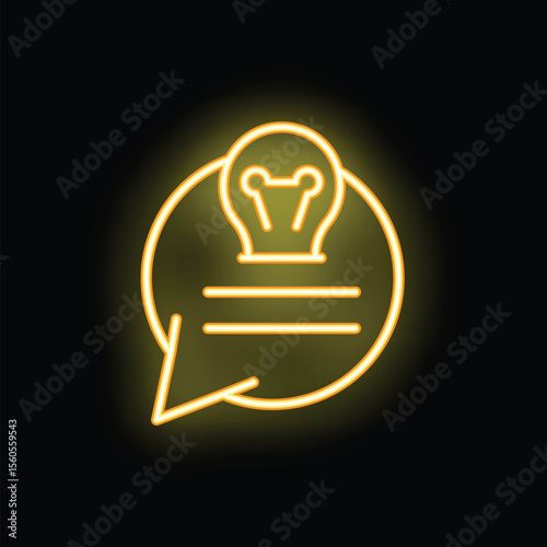 Bright yellow neon light bulb is shining over a chat bubble representing a new idea being generated