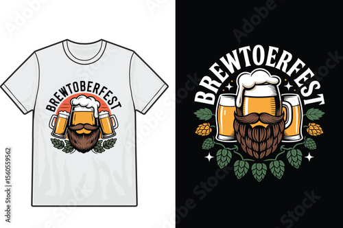 Brewtoberfest T Shirt Design Featuring Beer Mugs Beard and Hop Vines
