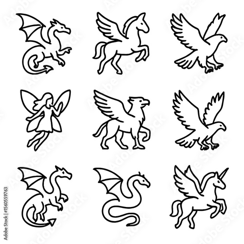 Fantasy Creatures Icons. Outline icon set of flying fantasy creatures: dragon, Pegasus, griffin, fairy, hippogriff, roc, wyvern,