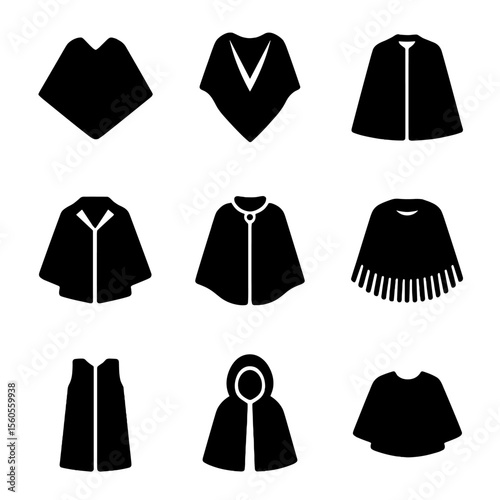 Fashion Capes Icons Grid. Solid, filled icon set of fashion capes: poncho, shawl cape, wool cape, leather cape, silk cape, fringed