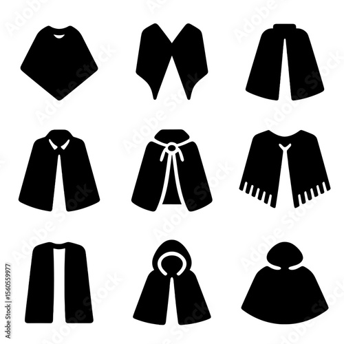 Fashion Capes Icons Grid. Solid, filled icon set of fashion capes: poncho, shawl cape, wool cape, leather cape, silk cape, fringed