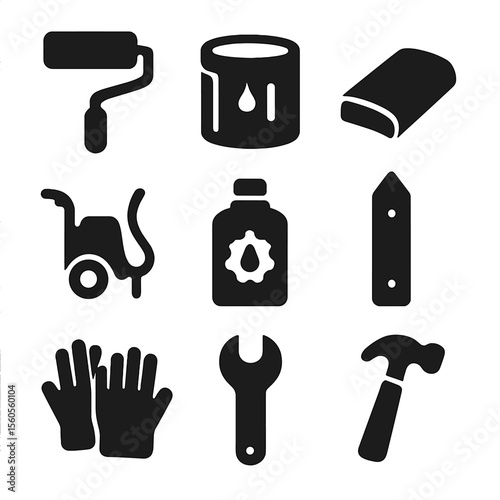 Fence Maintenance Icons. Solid, filled icon set of fence maintenance: paint roller, wood sealer, sanding block, power washer, rust