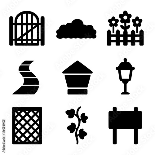 Fence Icon Set. Solid, filled icon set of fence landscaping elements: garden gate, hedge, flower bed, pathway, fence post cap,