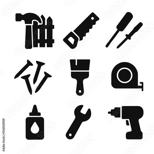 Fence Repair Tool Icons. Solid, filled icon set of fence repair tools: hammer, saw, screwdriver, nails, paintbrush, measuring tape