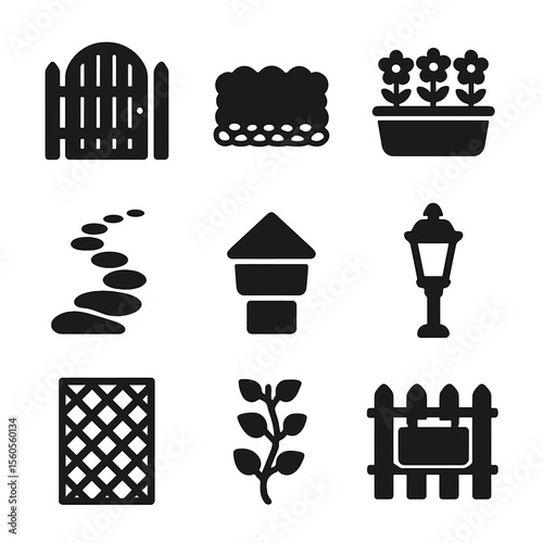 Fence Icon Set. Solid, filled icon set of fence landscaping elements: garden gate, hedge, flower bed, pathway, fence post cap,