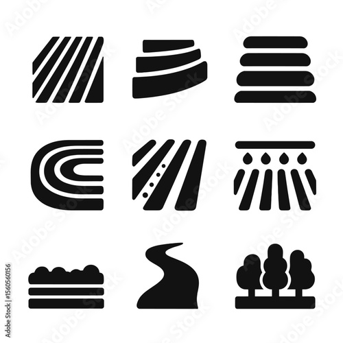 Field Patterns Icons. Solid, filled icon set of field types and patterns: plowed field, terraced field, flatbed field, raised bed,