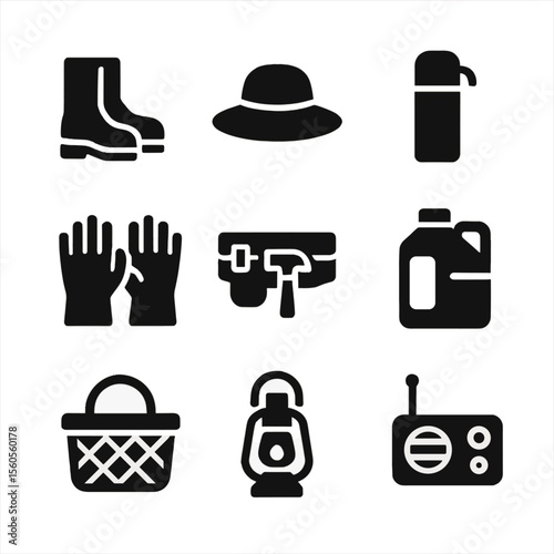 Field Worker Essentials. Solid, filled icon set of field worker essentials: boots, straw hat, thermos, sun gloves, tool belt,