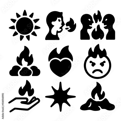 Fiery Emotion Icons. Solid, filled icon set of fire metaphors for strong emotions: blazing sun, fire breath, heated argument,