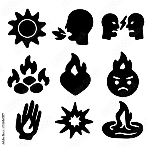 Fiery Emotion Icons. Solid, filled icon set of fire metaphors for strong emotions: blazing sun, fire breath, heated argument,