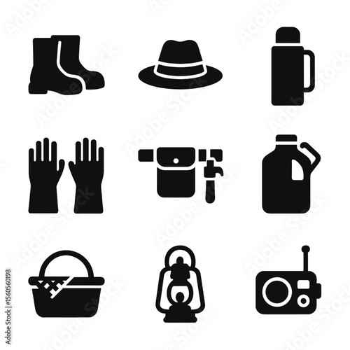 Field Worker Essentials. Solid, filled icon set of field worker essentials: boots, straw hat, thermos, sun gloves, tool belt,