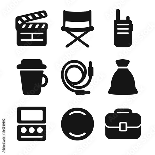 Film Set Icons. Solid, filled icon set of on-set accessories: clap slate, director’s chair, walkie talkie, coffee cup, cables,