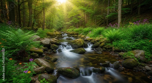 Sunlit Forest Stream with Lush Greenery and Mossy Rocks
