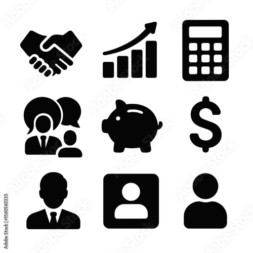 Financial Advisor Icons. Solid, filled icon set of financial advisors helping clients: handshake, bar chart, calculator, clipboard