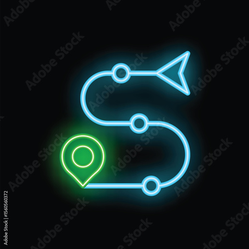 Glowing neon sign showing a winding itinerary with a location pin pointing at the starting point