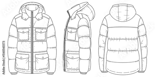 Technical Flat Sketch Front Side Back Winter Puffer Jacket with Hood, Zipper and Pockets for Fashion Design and Apparel Template