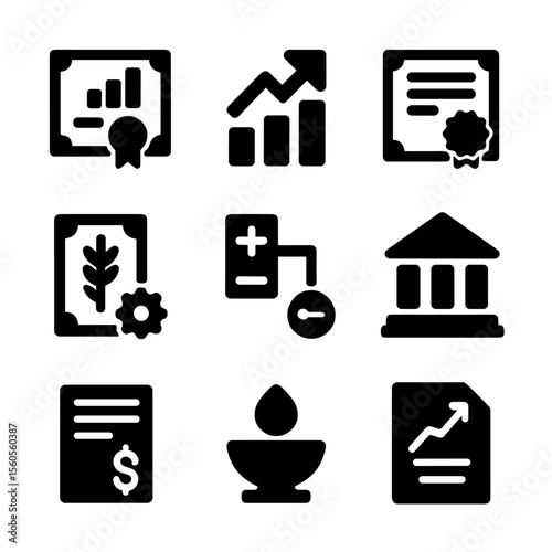 Financial Instruments Icons. Solid, filled icon set of financial instruments: stock certificate, ETF, bond, futures contract,