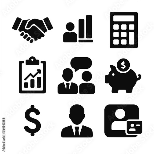 Financial Advisor Icons. Solid, filled icon set of financial advisors helping clients: handshake, bar chart, calculator, clipboard