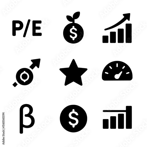 Financial Icons Grid. Solid, filled icon set of financial analytics and metrics: P/E ratio, EPS icon, dividend yield, ROI chart,
