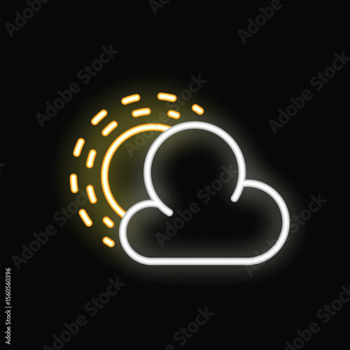 Bright yellow and white neon sign of a sun hiding behind a cloud on a black background