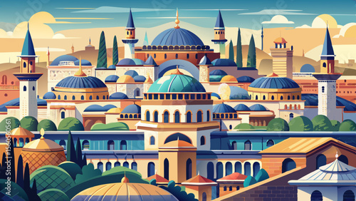 Topkapi Palace in Istanbul, Turkey displays domed rooftops, inner courtyards, and intricate tiles. The palace tells tales of sultans and empires on the banks of the Bosphorus.